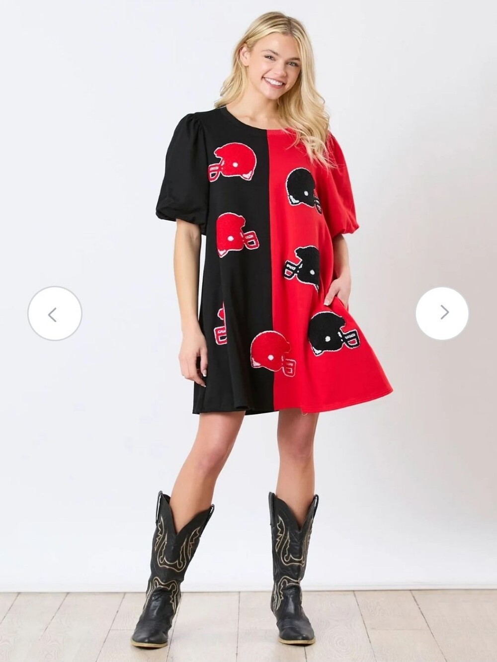 Peach Love Colorblock Red Black Puff Short Sleeve Football Helmet Mini Dress